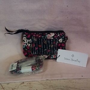 Vera Bradley Black Quilted Zip ID Case with Pink Floral Print W/Lanyard